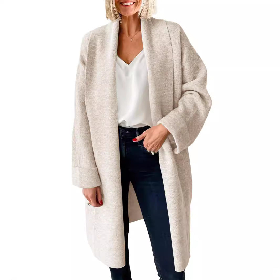 Elegant Long Collarless Cardigan Sweater Women's Coat