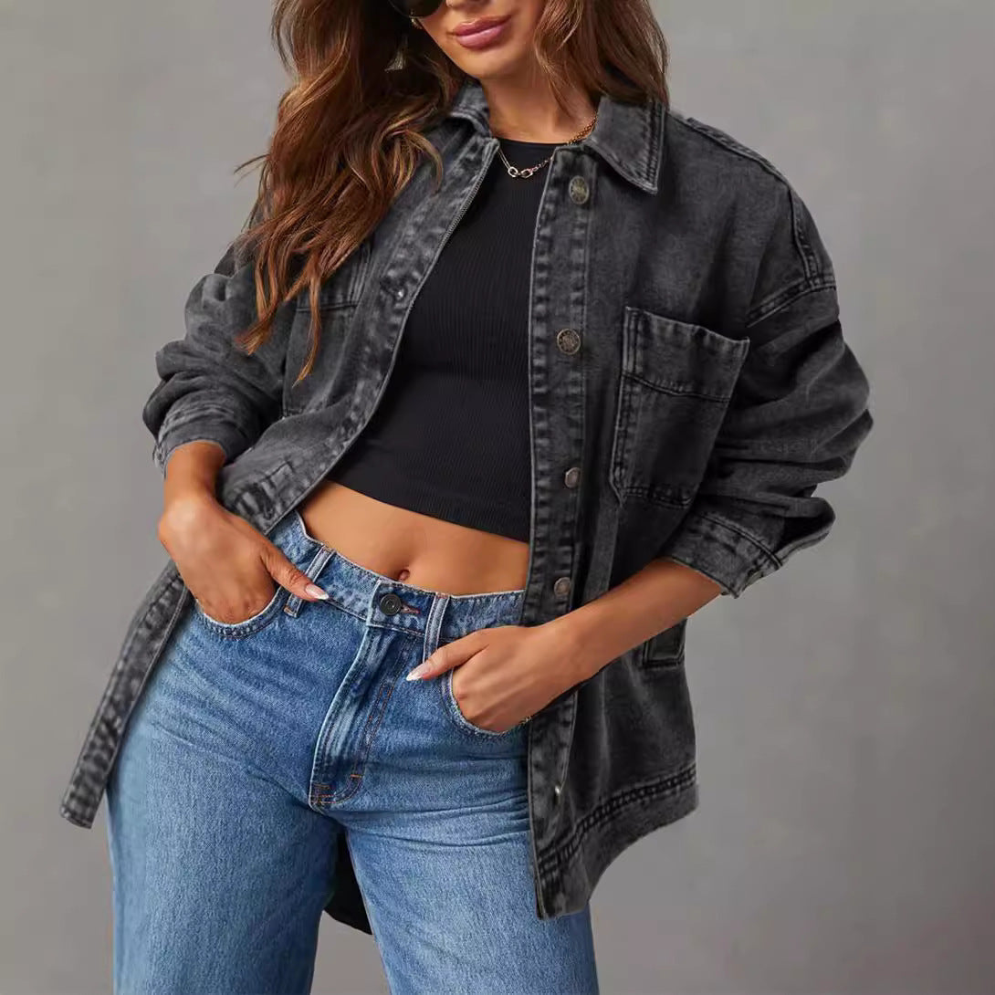 Women's Denim Jacket Large Pocket Button Long Sleeve Split Denim