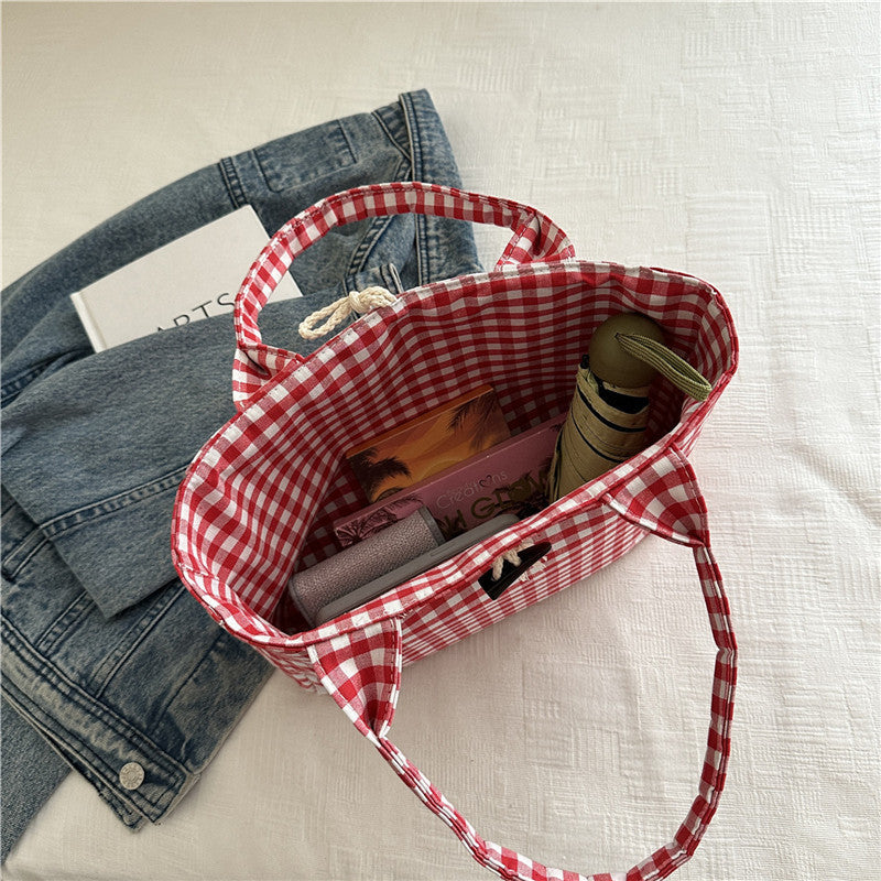 Korean Style Casual Canvas Bag Simple Double Bread Plaid Contrast Color