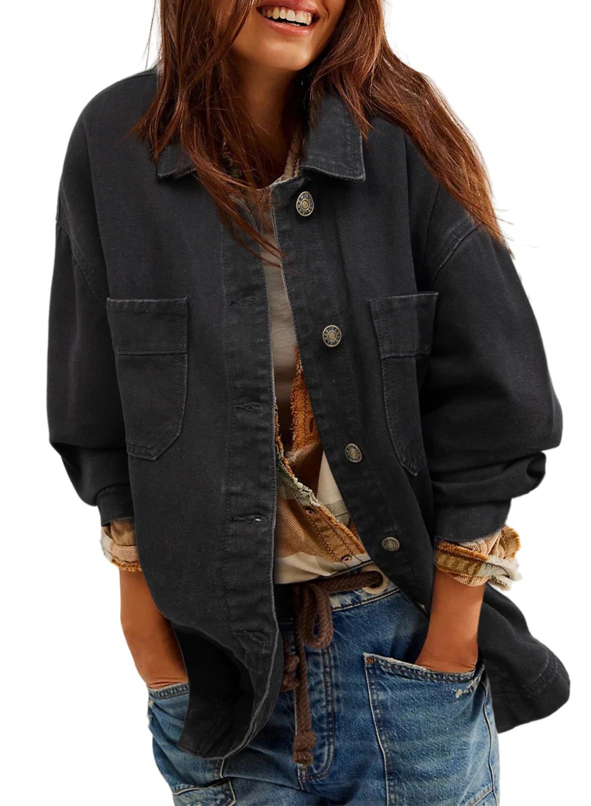 Women's Denim Jacket Large Pocket Button Long Sleeve Split Denim