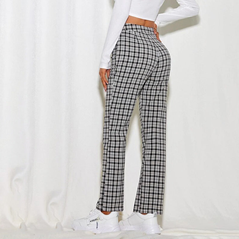 Mid-rise Plaid Print Temperament Commuting Literary Style Slightly Flared Wide-leg Pants Trousers Casual Pants