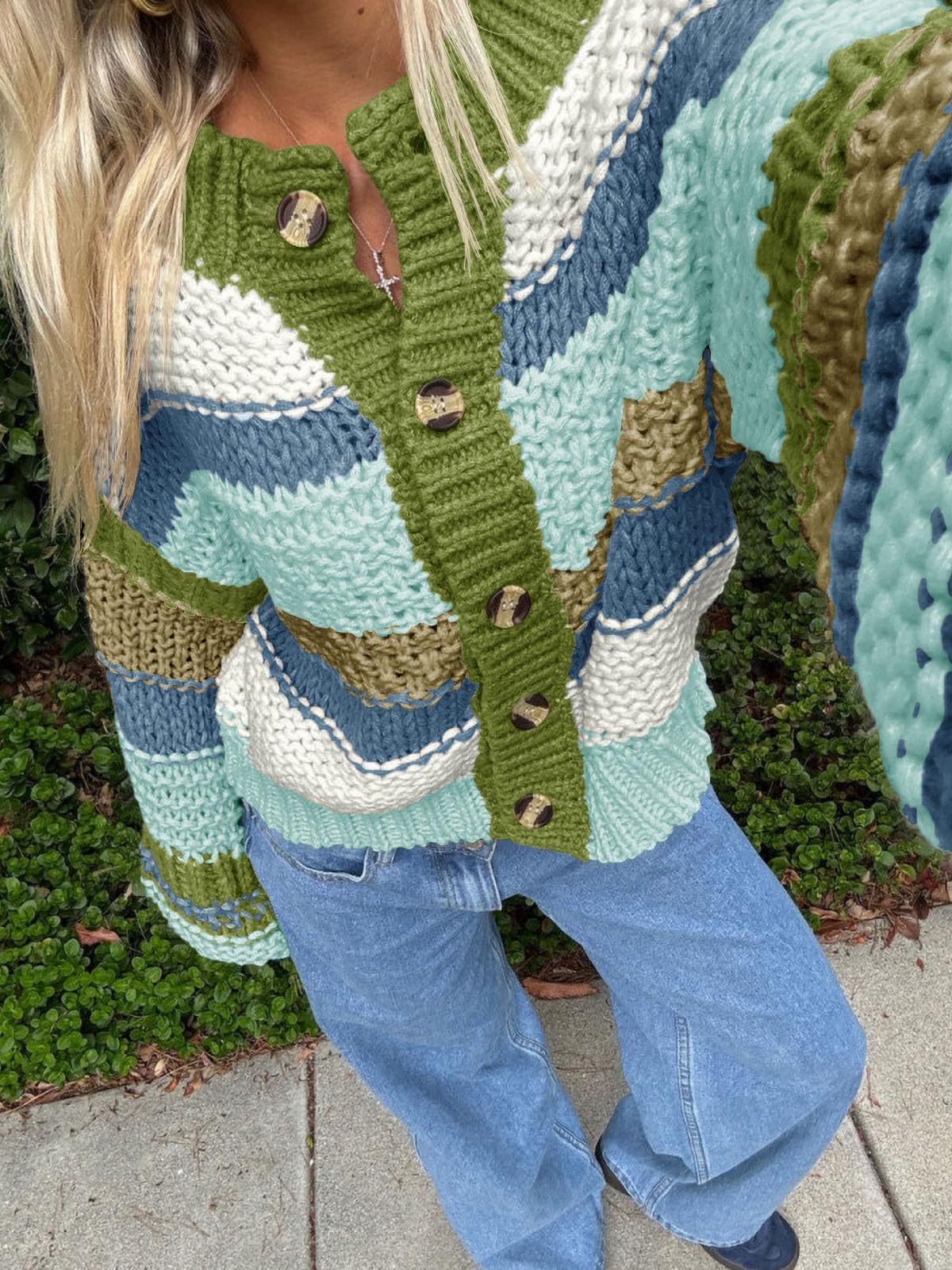 Ladies Striped Thick Needle Button Cardigan Sweater