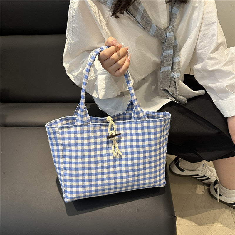 Korean Style Casual Canvas Bag Simple Double Bread Plaid Contrast Color