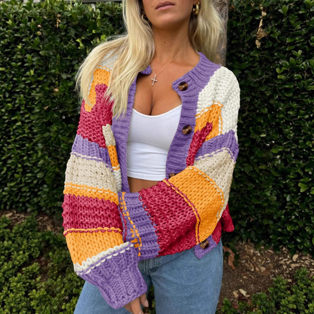 Ladies Striped Thick Needle Button Cardigan Sweater