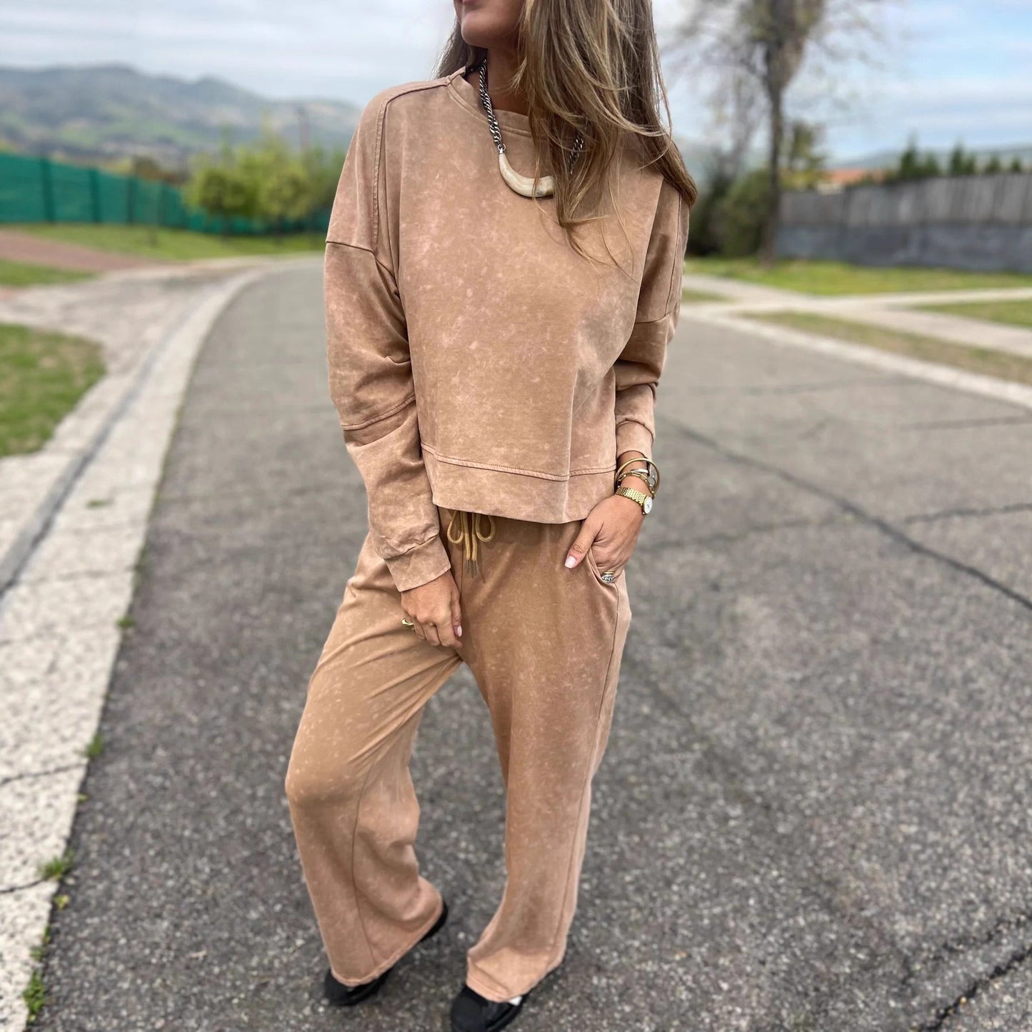 Women's Casual All-matching Lace-up Crew Neck Long Sleeve Blouse And Pants