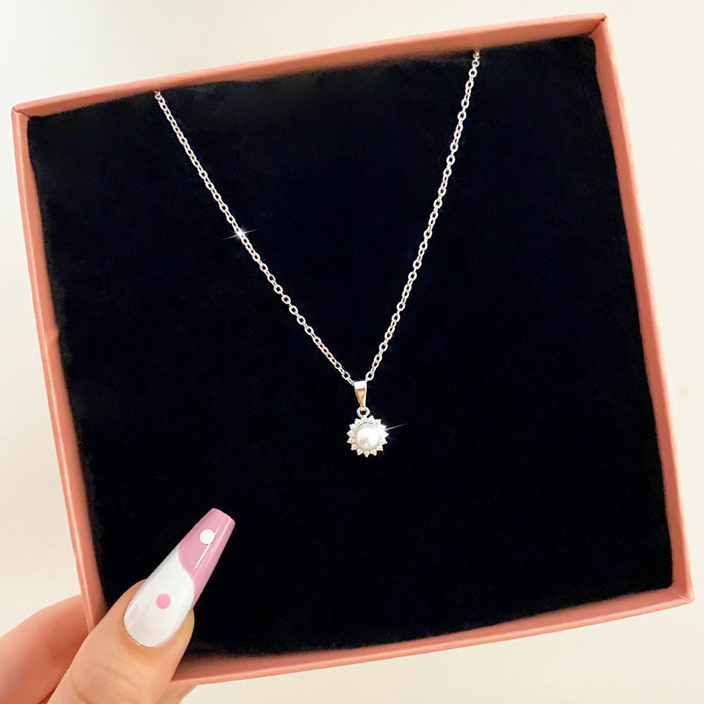 Micro Inlaid Zirconium SUNFLOWER Stone Artificial Pearl Short Necklace Temperament Female