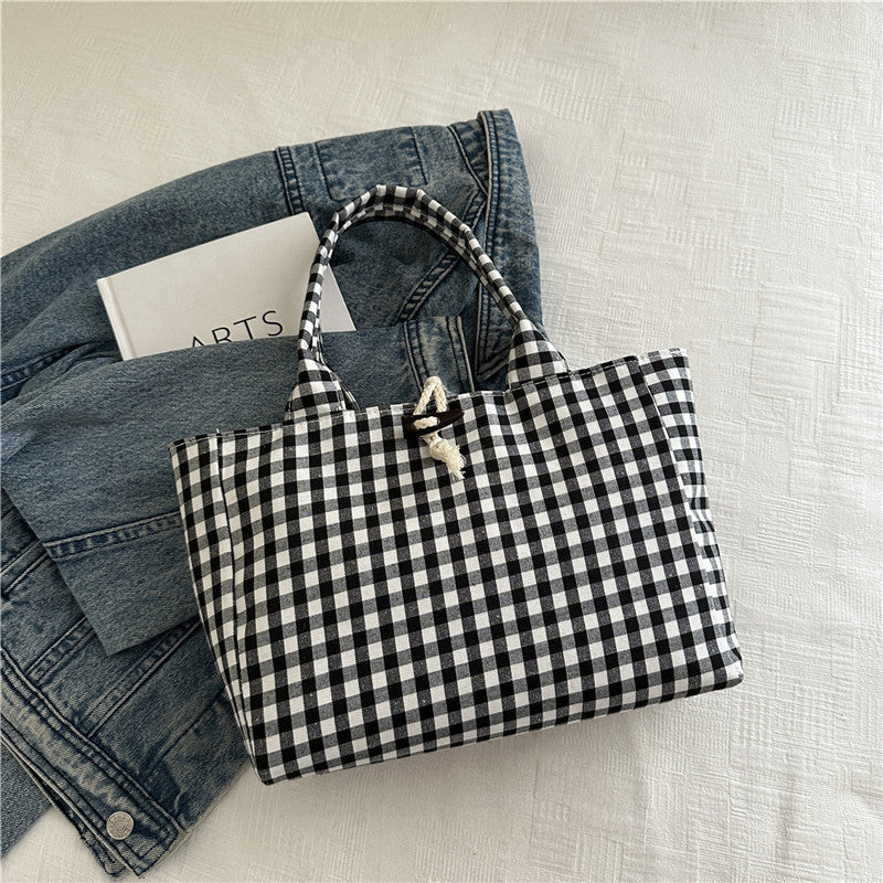 Korean Style Casual Canvas Bag Simple Double Bread Plaid Contrast Color