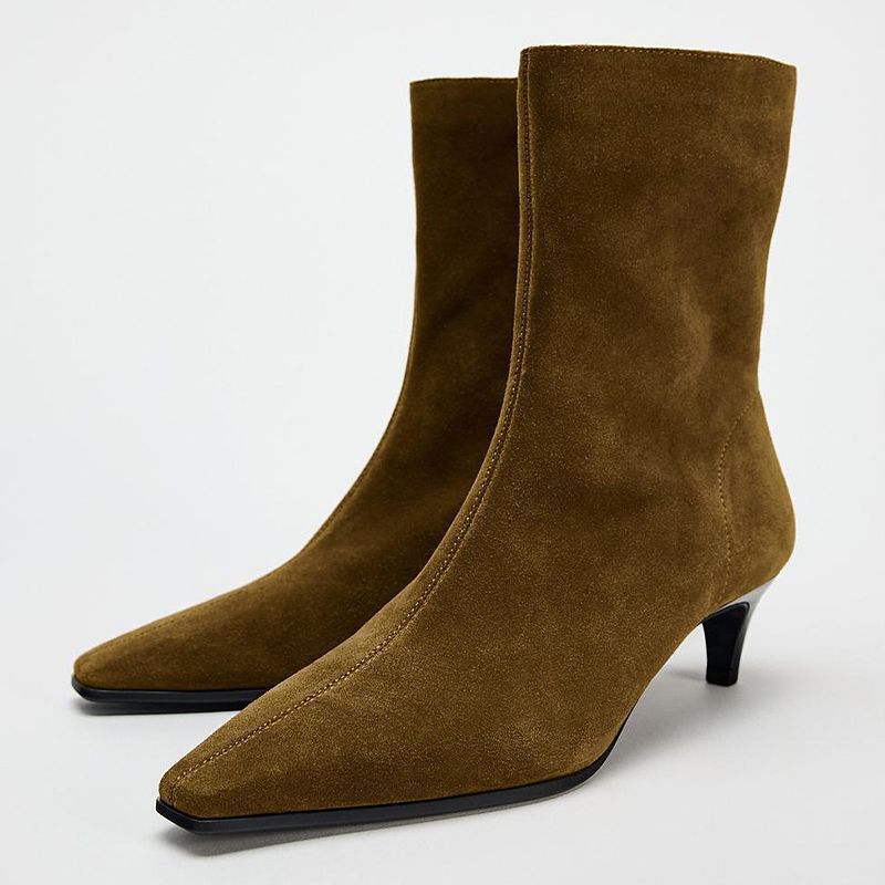 Square Toe High Heel Middle Boots Side Zipper Retro Kitten Heel Booties