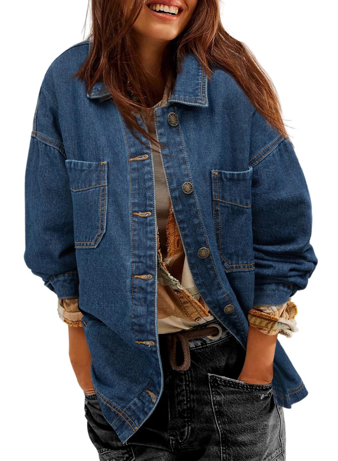 Women's Denim Jacket Large Pocket Button Long Sleeve Split Denim