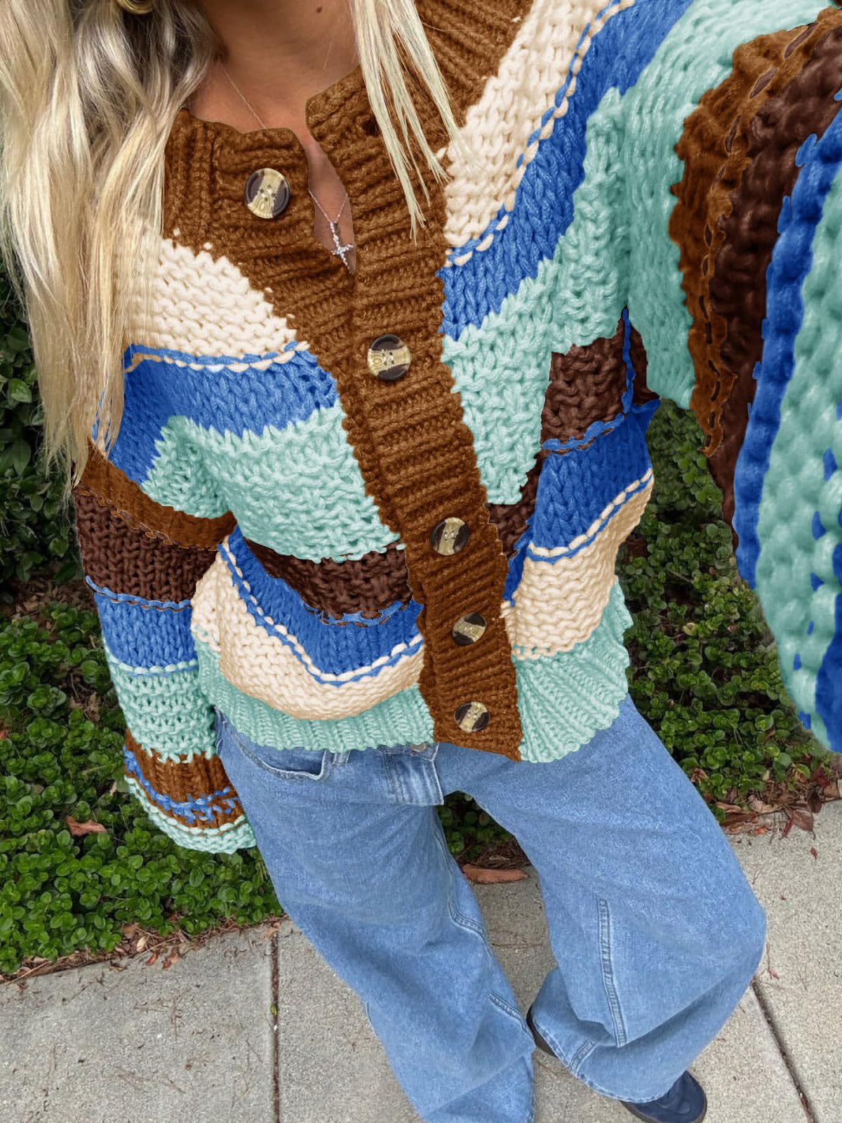 Ladies Striped Thick Needle Button Cardigan Sweater