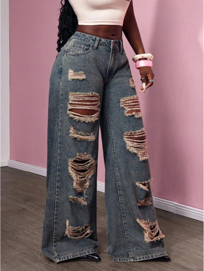 Women's Retro Distressed Kimchi Wide-leg Jeans