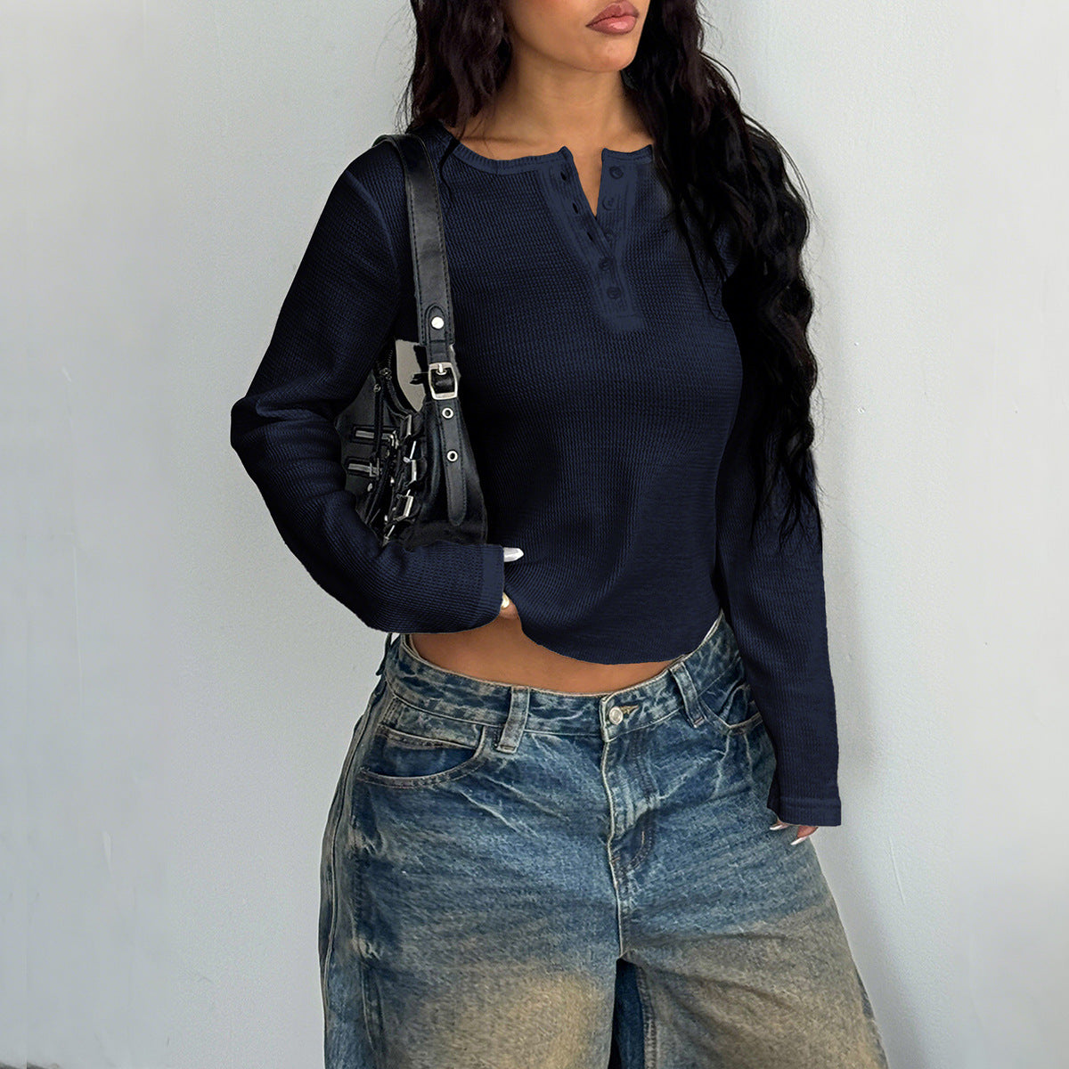 Hot Girl Style Button Long Sleeve Vest T-shirt For Women