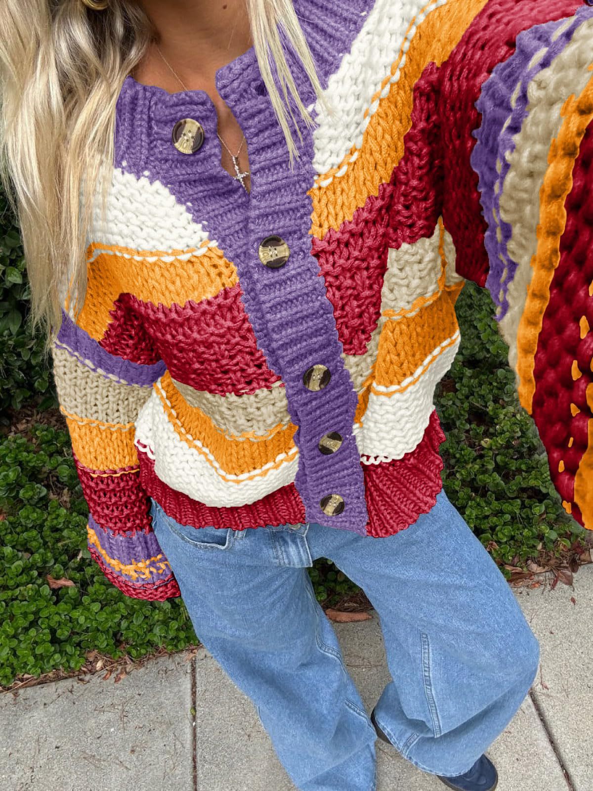 Ladies Striped Thick Needle Button Cardigan Sweater