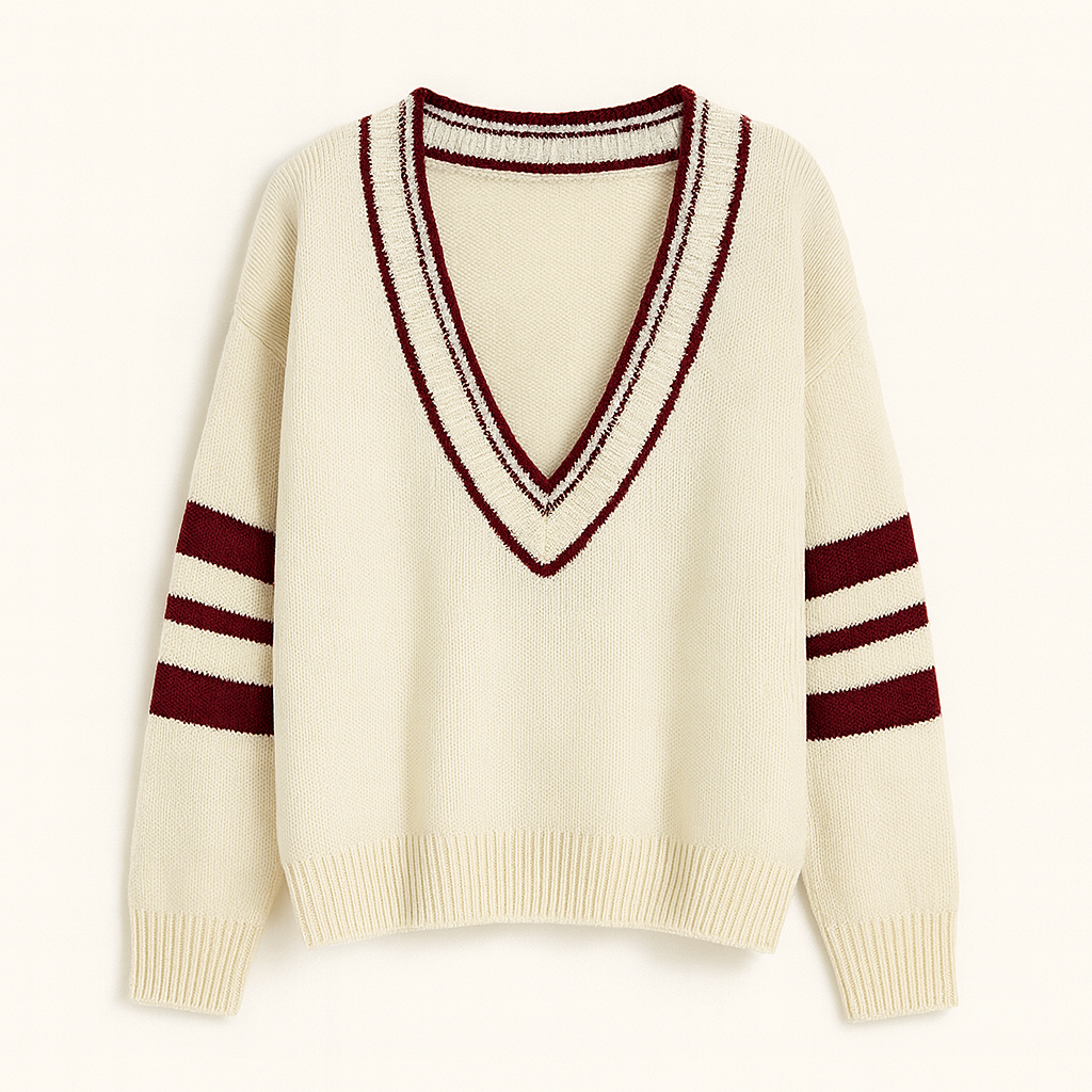 Loose-fitting Striped Long Sleeves Contrast Color V-neck Sweater