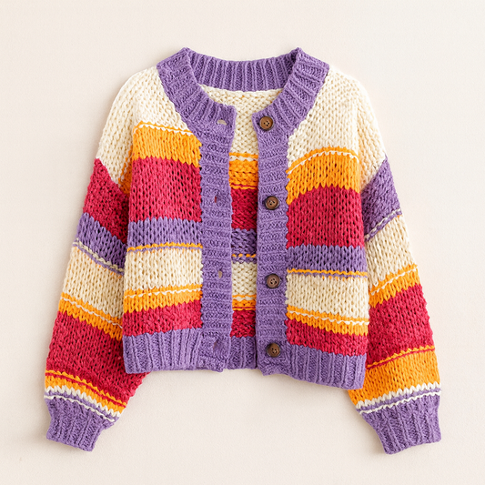 Ladies Striped Thick Needle Button Cardigan Sweater