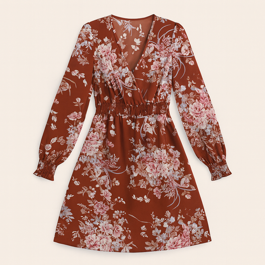 Spring And Autumn New Ladies Floral Printed V-neck Lantern Sleeve Dress
