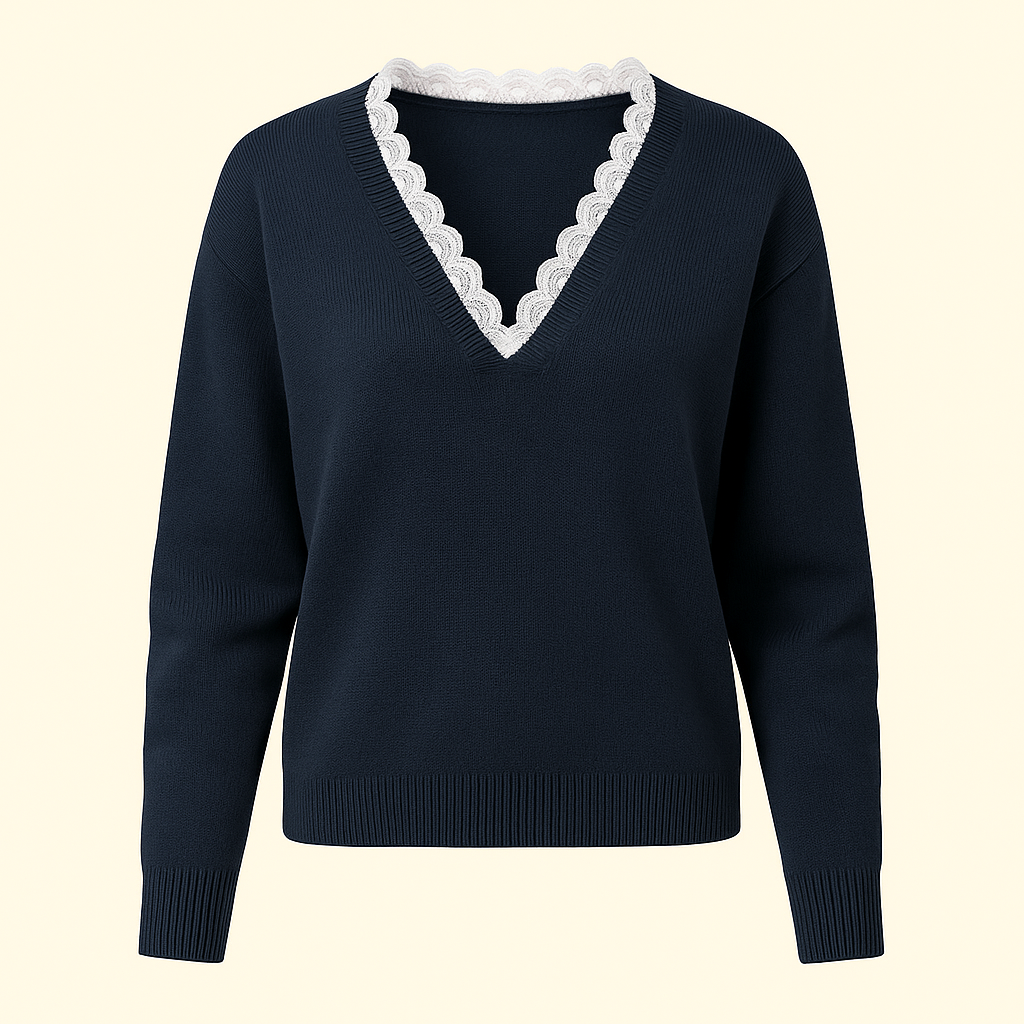 Women's Fashionable Solid Color Loose Lace V-neck Sweater