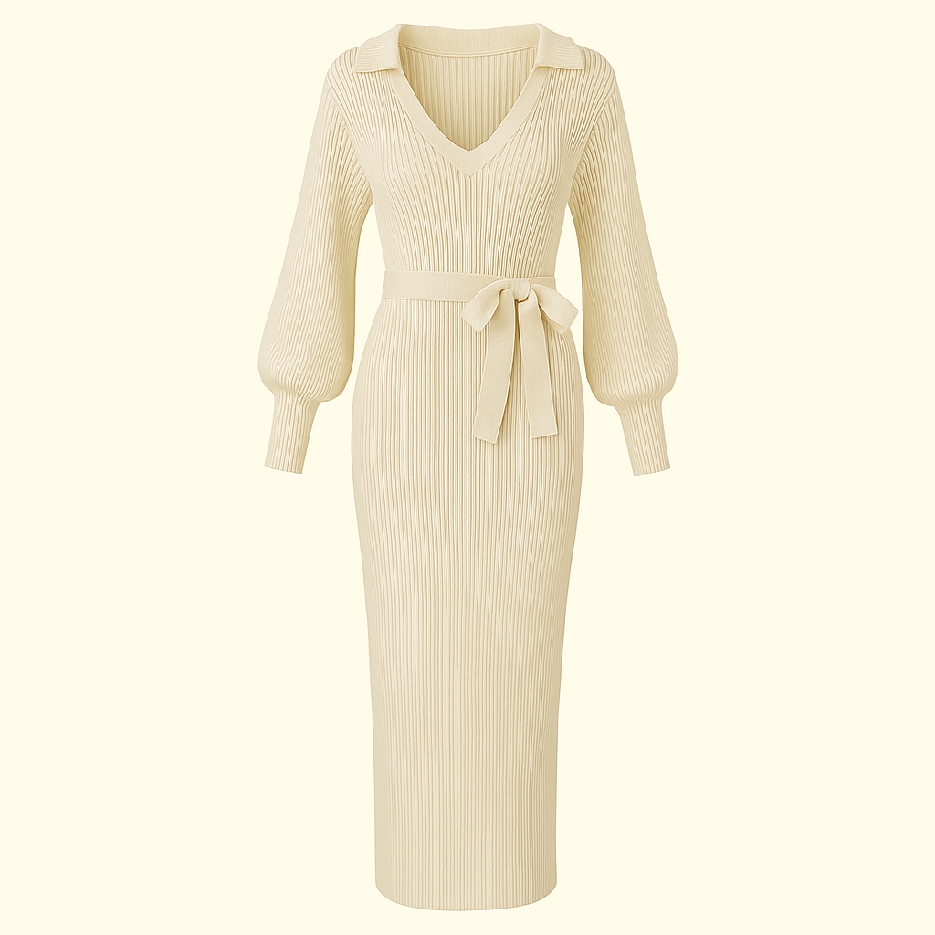 Elegant Commuter Sweater V-neck Lace-up High Waist Women's Dress