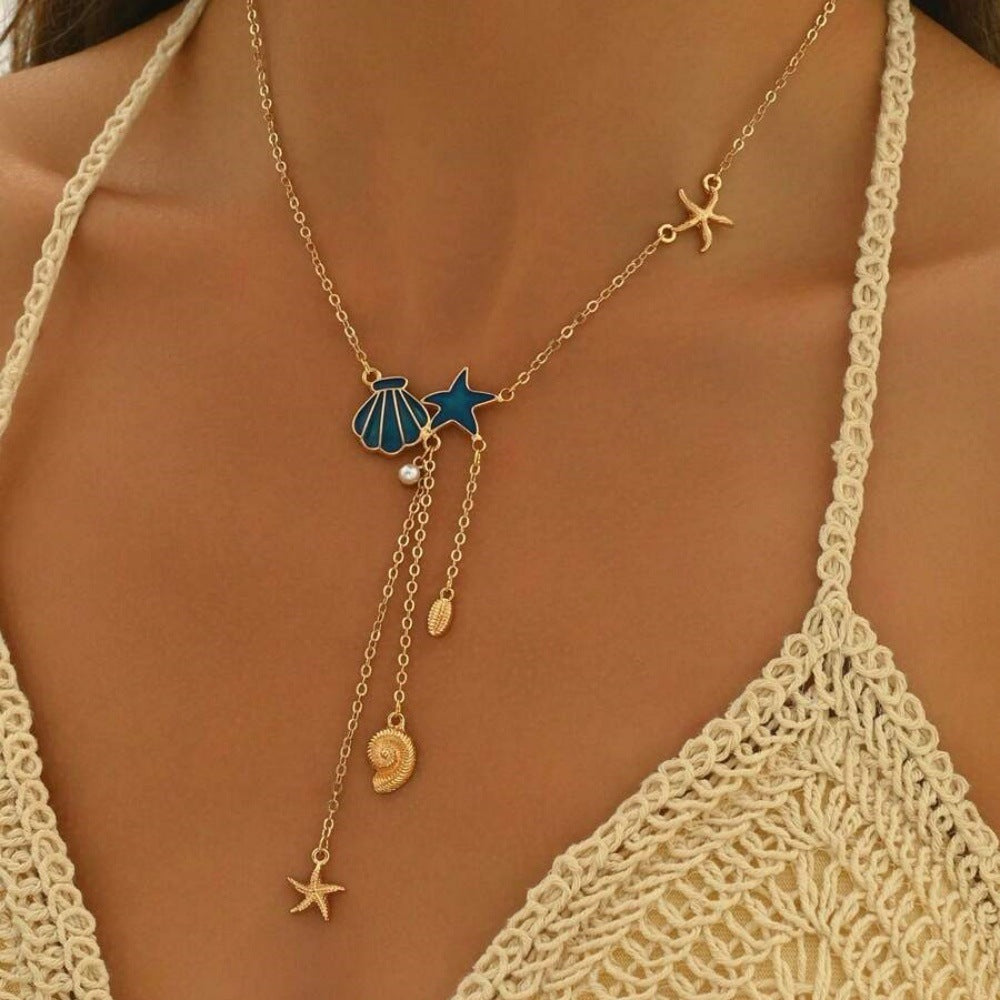Creative Ocean Style Starfish And Shell Pendant Necklace Simple