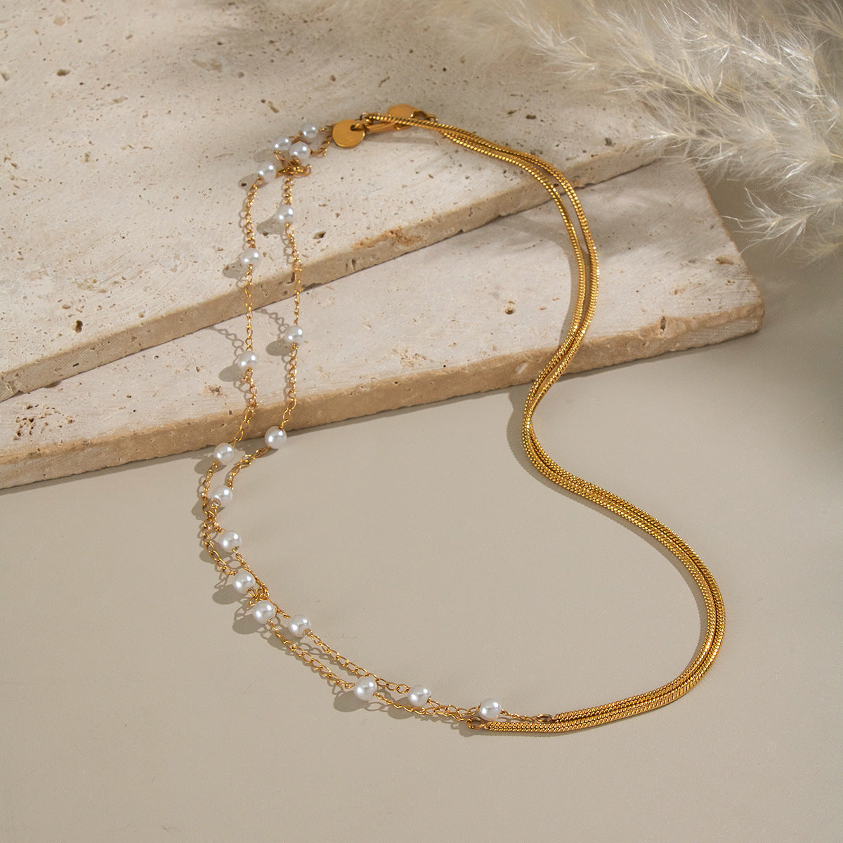 Retro Multi-layer Twin Pearl 18K Gold-plated Stainless Steel Necklace