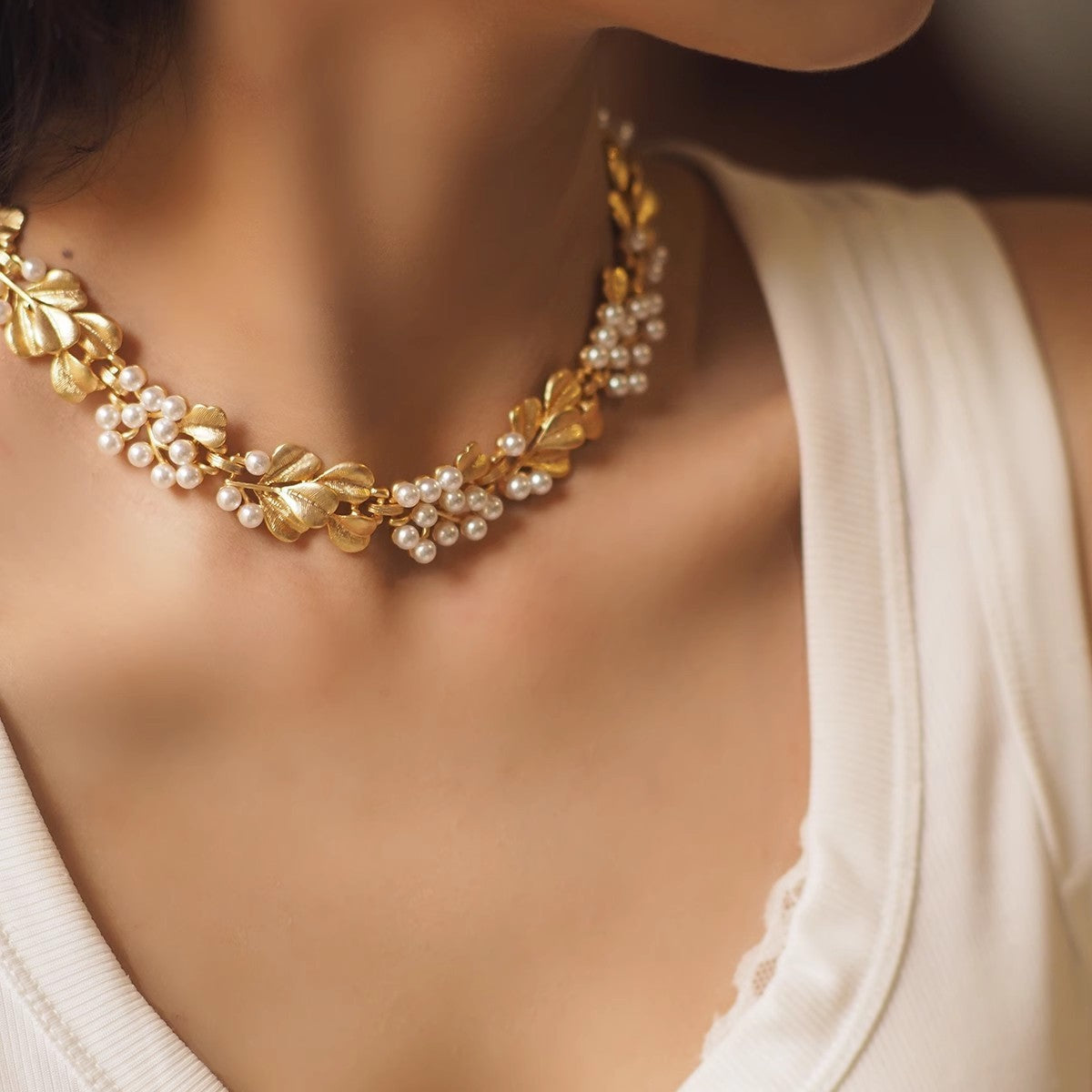 Mid-ancient Necklace Ginkgo Leaf Pearl Vintage Brushed Frosted