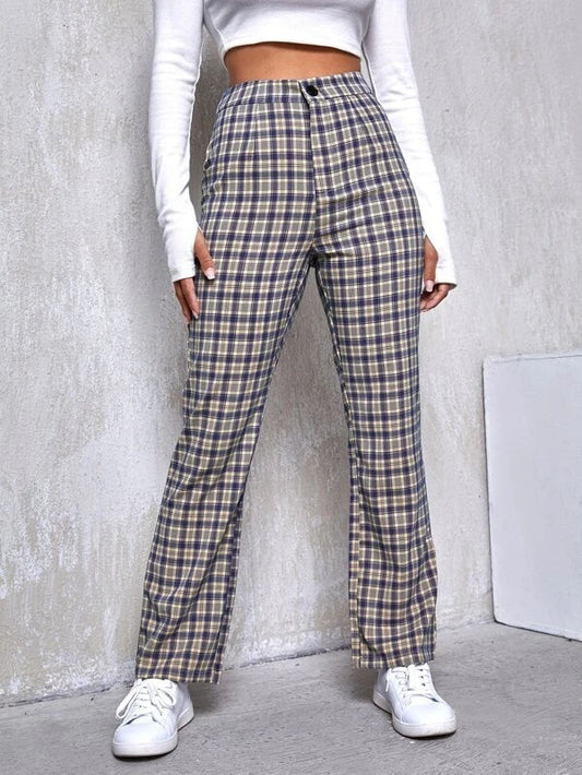Mid-rise Plaid Print Temperament Commuting Literary Style Slightly Flared Wide-leg Pants Trousers Casual Pants