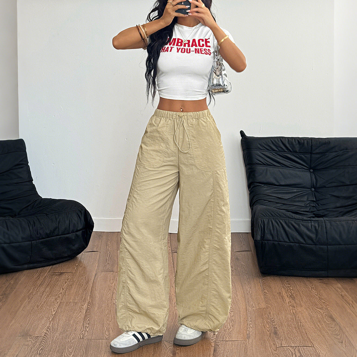 Casual Simple Drawstring Straight-leg Trousers
