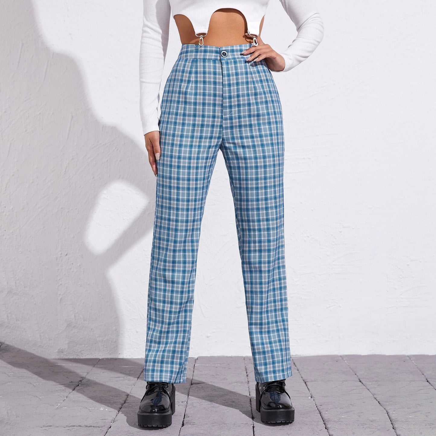 Mid-rise Plaid Print Temperament Commuting Literary Style Slightly Flared Wide-leg Pants Trousers Casual Pants