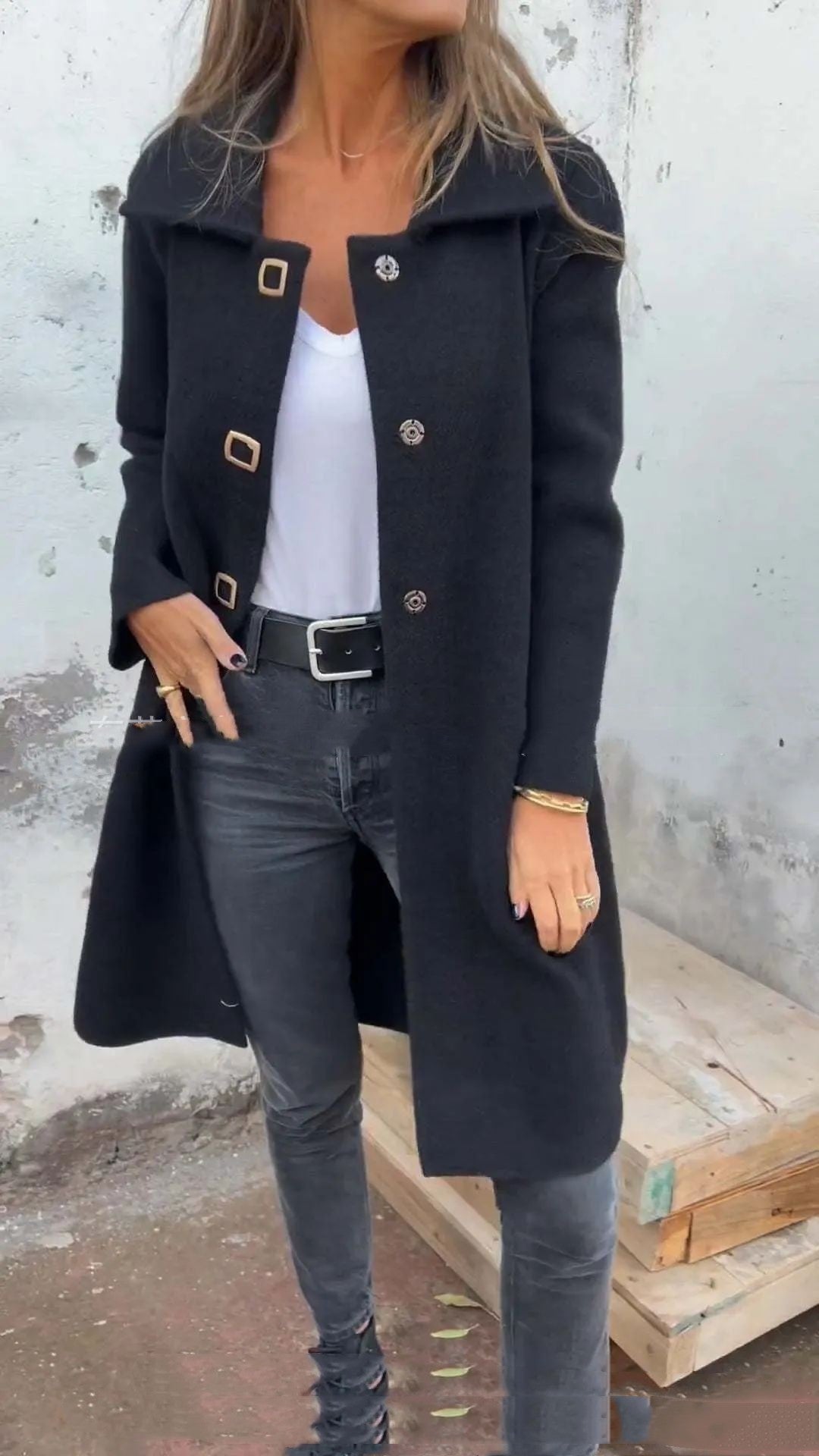 Autumn And Winter Women's Single Row Solid Color Mid-length Wool Woolen