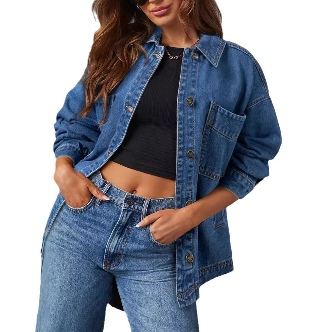 Women's Denim Jacket Large Pocket Button Long Sleeve Split Denim