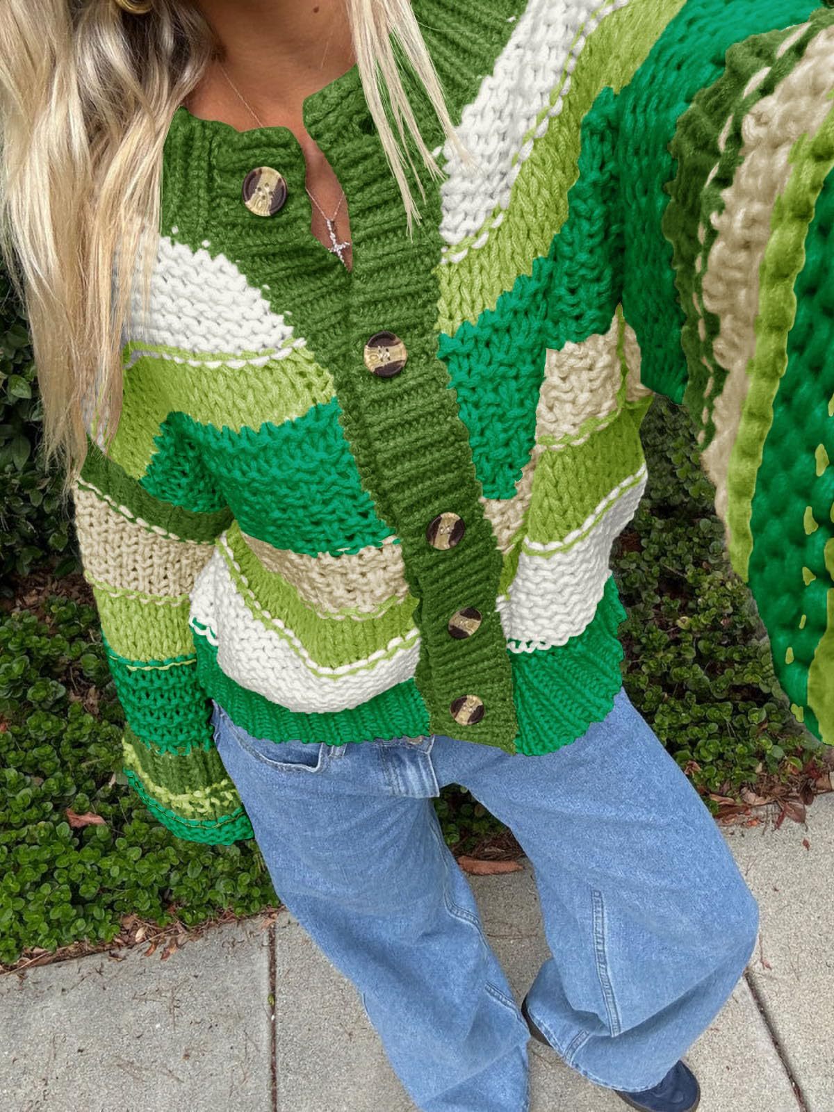 Ladies Striped Thick Needle Button Cardigan Sweater