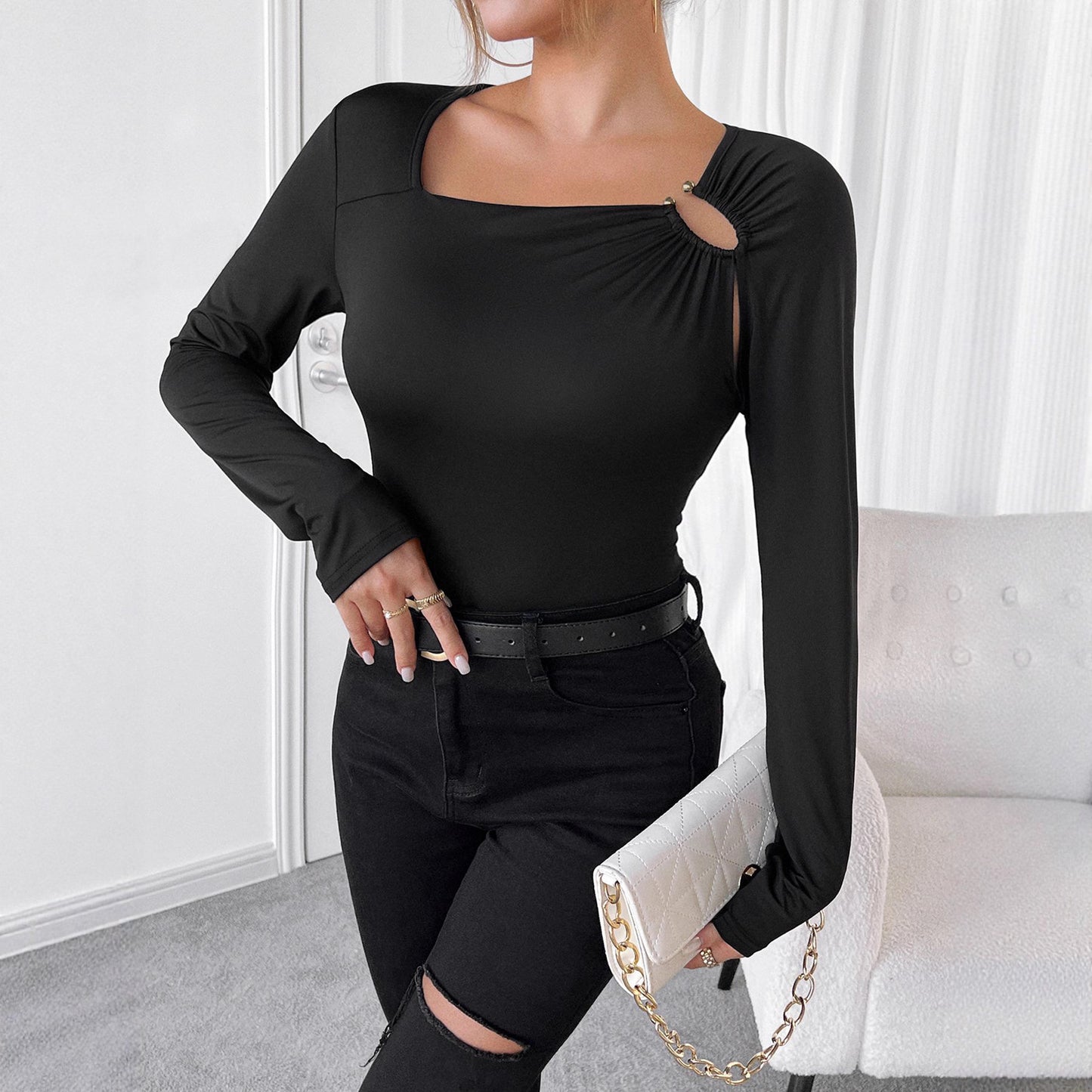 Women's Square Collar Fashionable Fitted Long Sleeve T-shirt Top