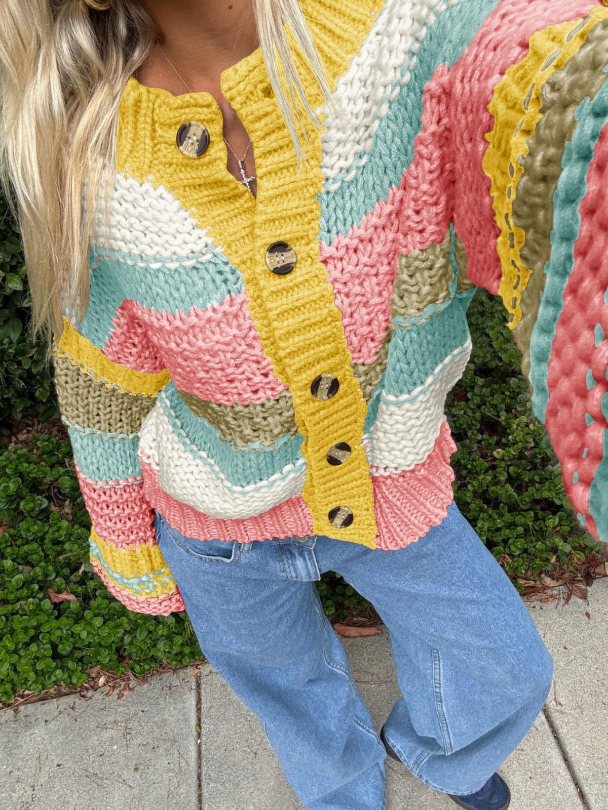 Ladies Striped Thick Needle Button Cardigan Sweater