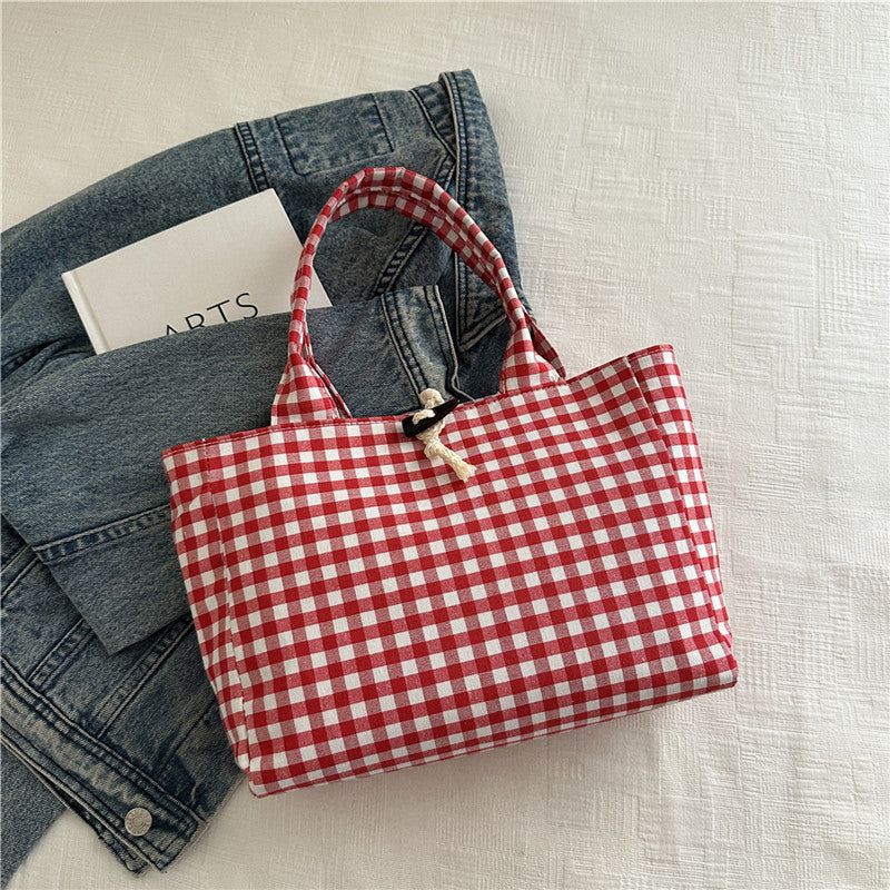 Korean Style Casual Canvas Bag Simple Double Bread Plaid Contrast Color