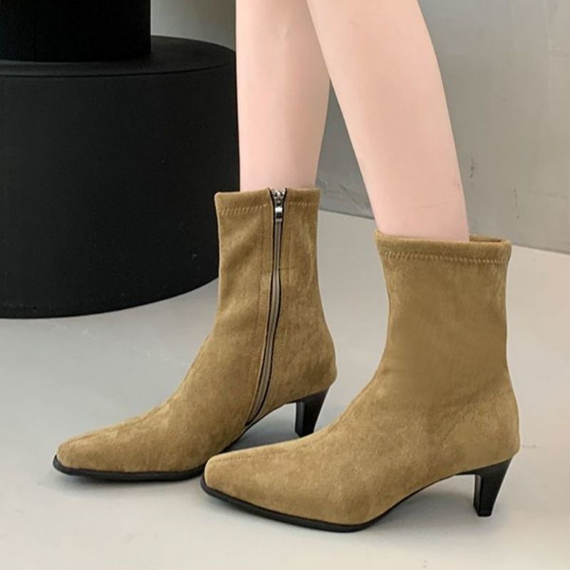 Square Toe High Heel Middle Boots Side Zipper Retro Kitten Heel Booties