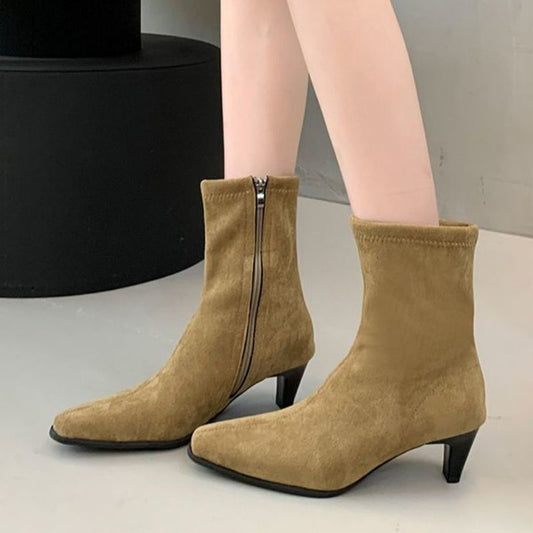 Square Toe High Heel Middle Boots Side Zipper Retro Kitten Heel Booties