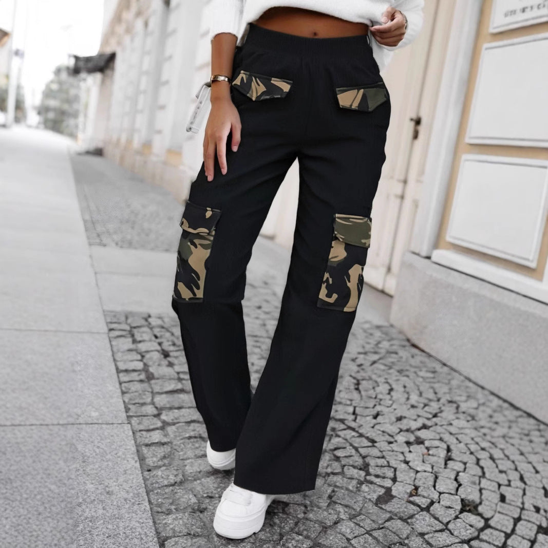 High Street Fashionable Overalls Pocket Camouflage Stitching Trousers