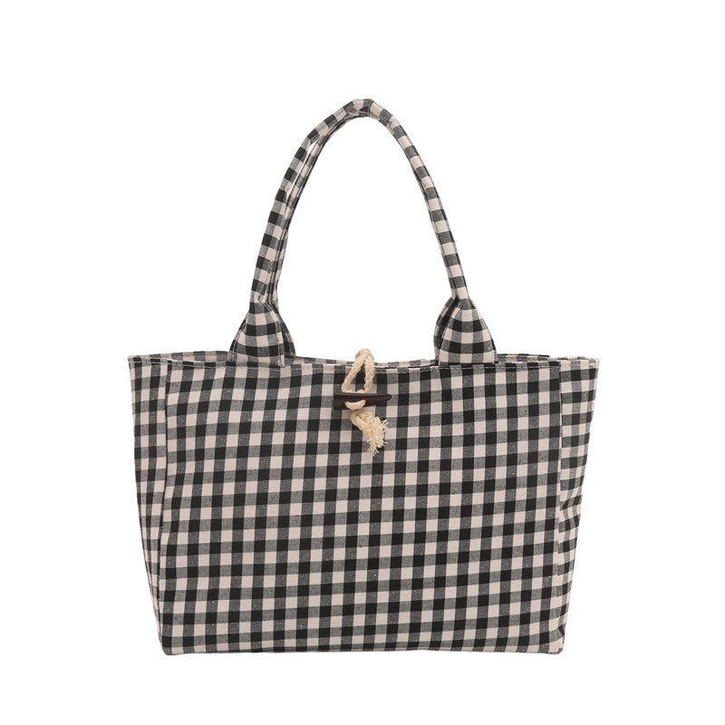 Korean Style Casual Canvas Bag Simple Double Bread Plaid Contrast Color