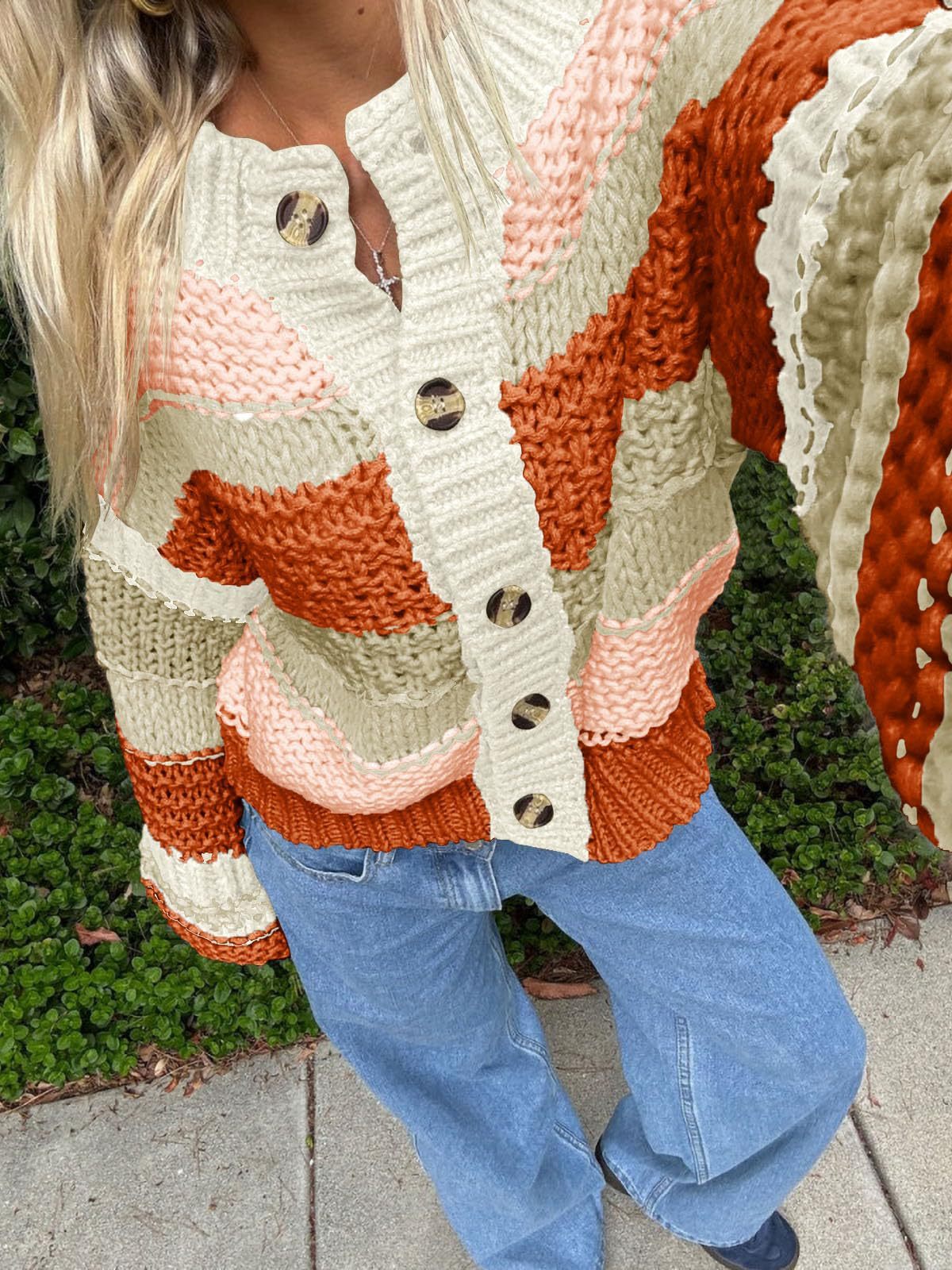 Ladies Striped Thick Needle Button Cardigan Sweater