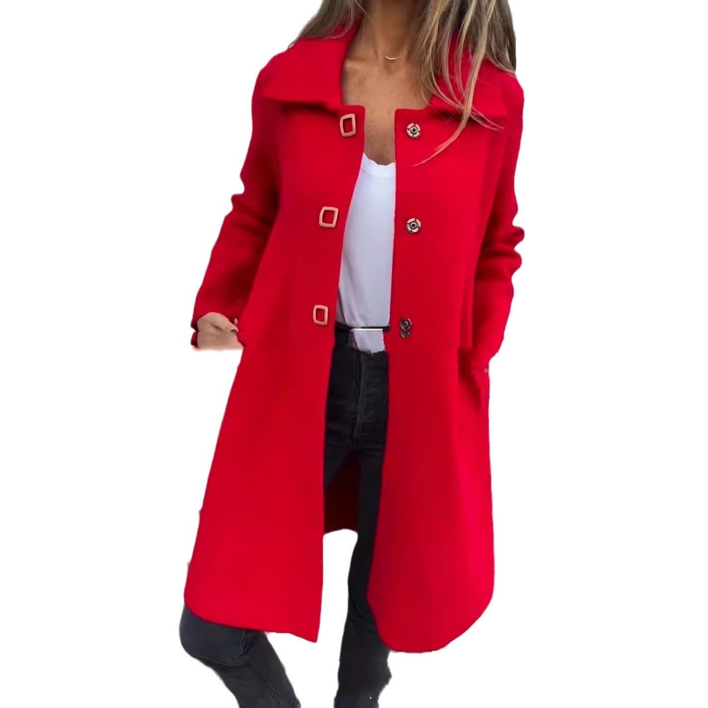 In Stock Cross-border Independent Station-AliExpress-Amazon Autumn And Winter Women's Single Row Solid Color Mid-length Wool Woolen