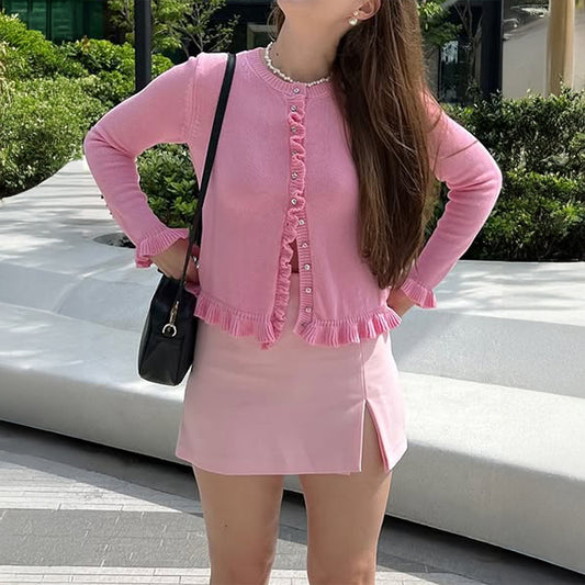 Vacation Style Solid Color Wool Button Long-sleeved Top