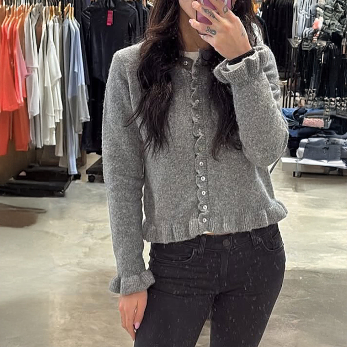 Vacation Style Solid Color Wool Button Long-sleeved Top