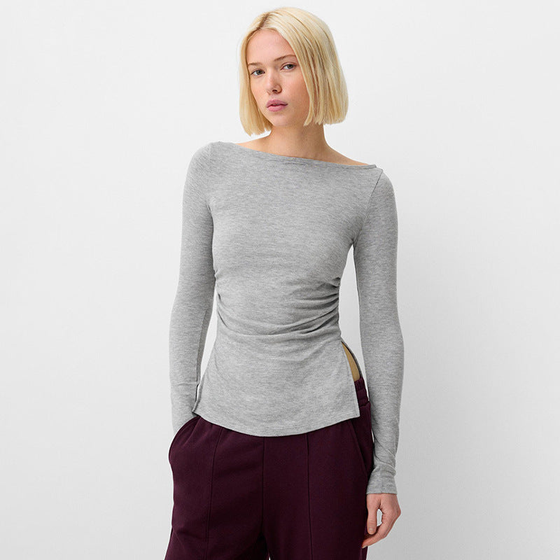 Women's Off-neck Pleated Waist Tight Split Pullover