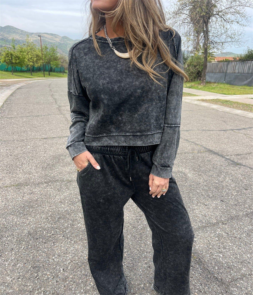 Women's Casual All-matching Lace-up Crew Neck Long Sleeve Blouse And Pants