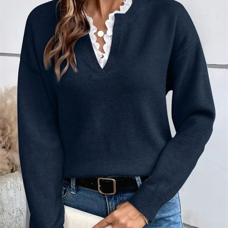 Women's Fashionable Solid Color Loose Lace V-neck Sweater