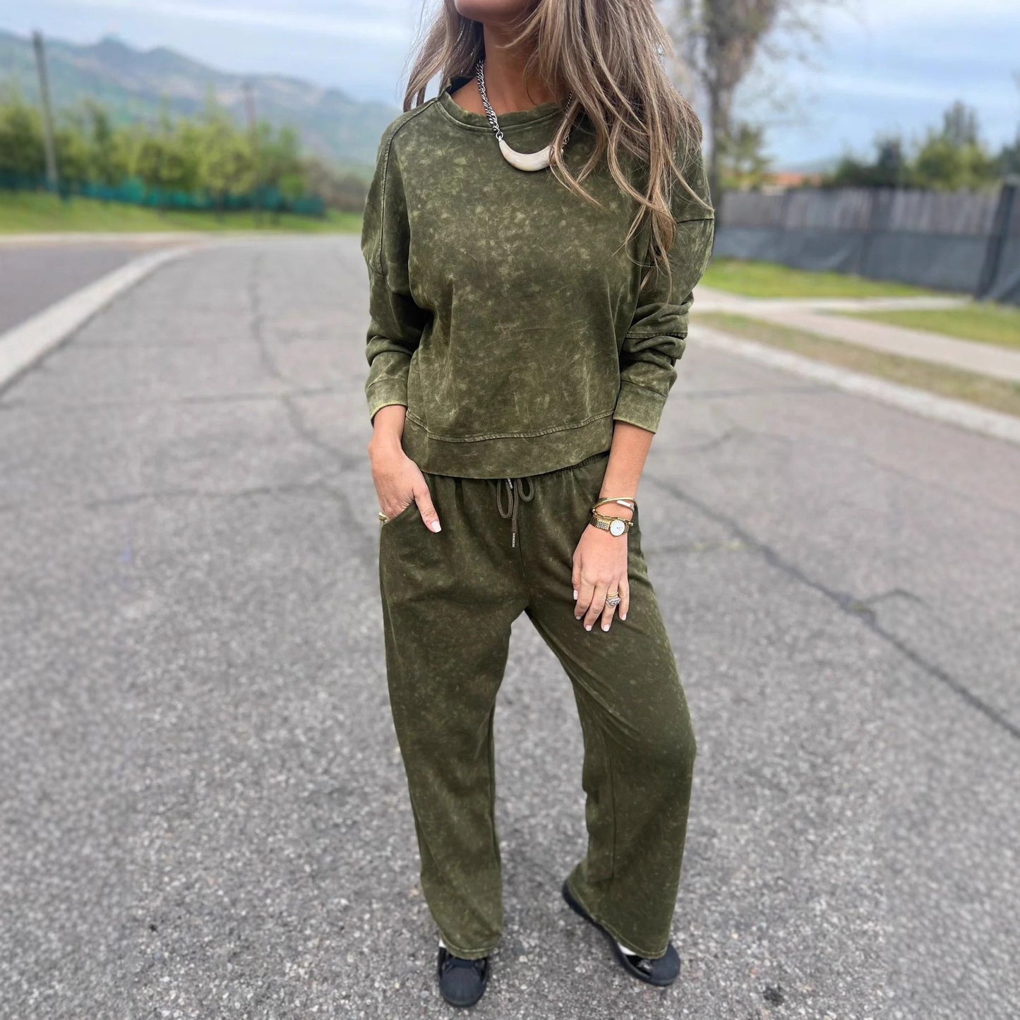 Women's Casual All-matching Lace-up Crew Neck Long Sleeve Blouse And Pants