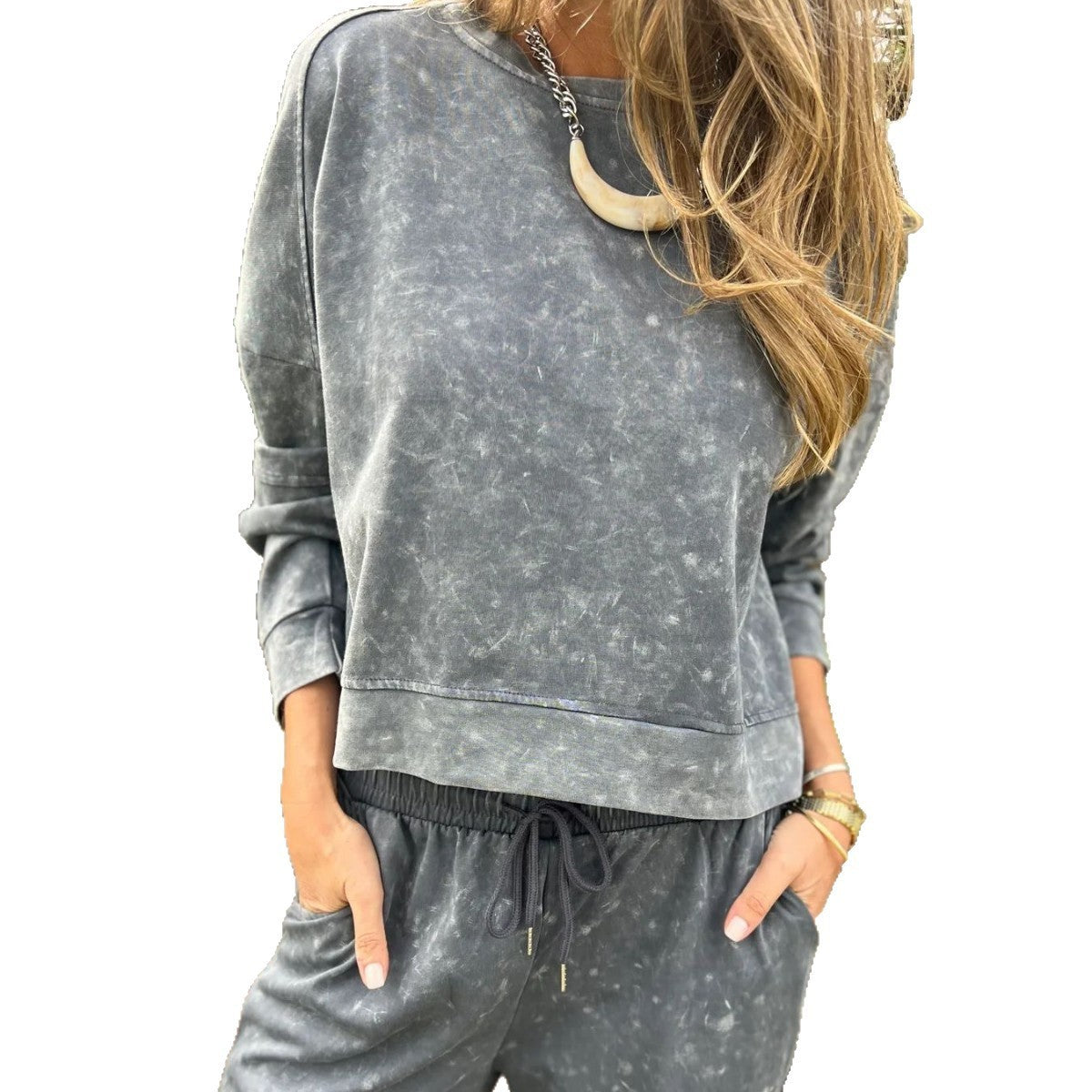 Women's Casual All-matching Lace-up Crew Neck Long Sleeve Blouse And Pants