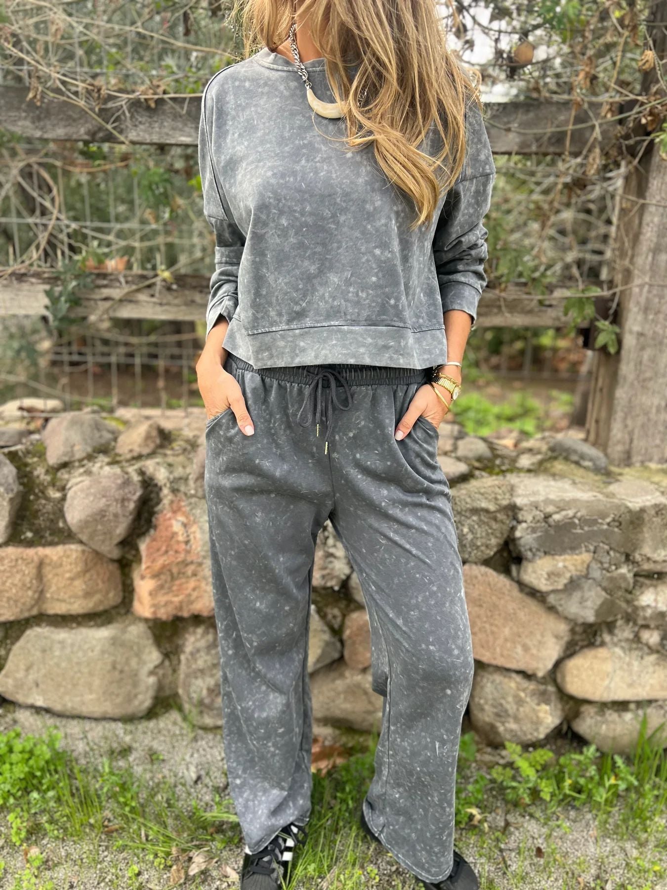 Women's Casual All-matching Lace-up Crew Neck Long Sleeve Blouse And Pants