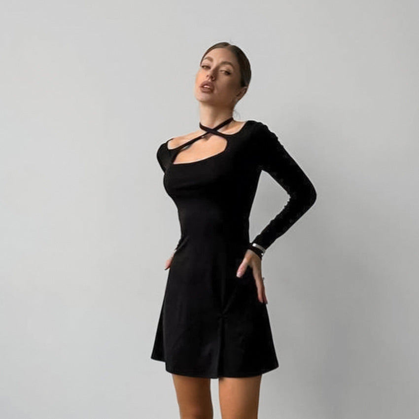Women's Slim-fit Slimming Knitted Square Collar Design Lace-up Dress