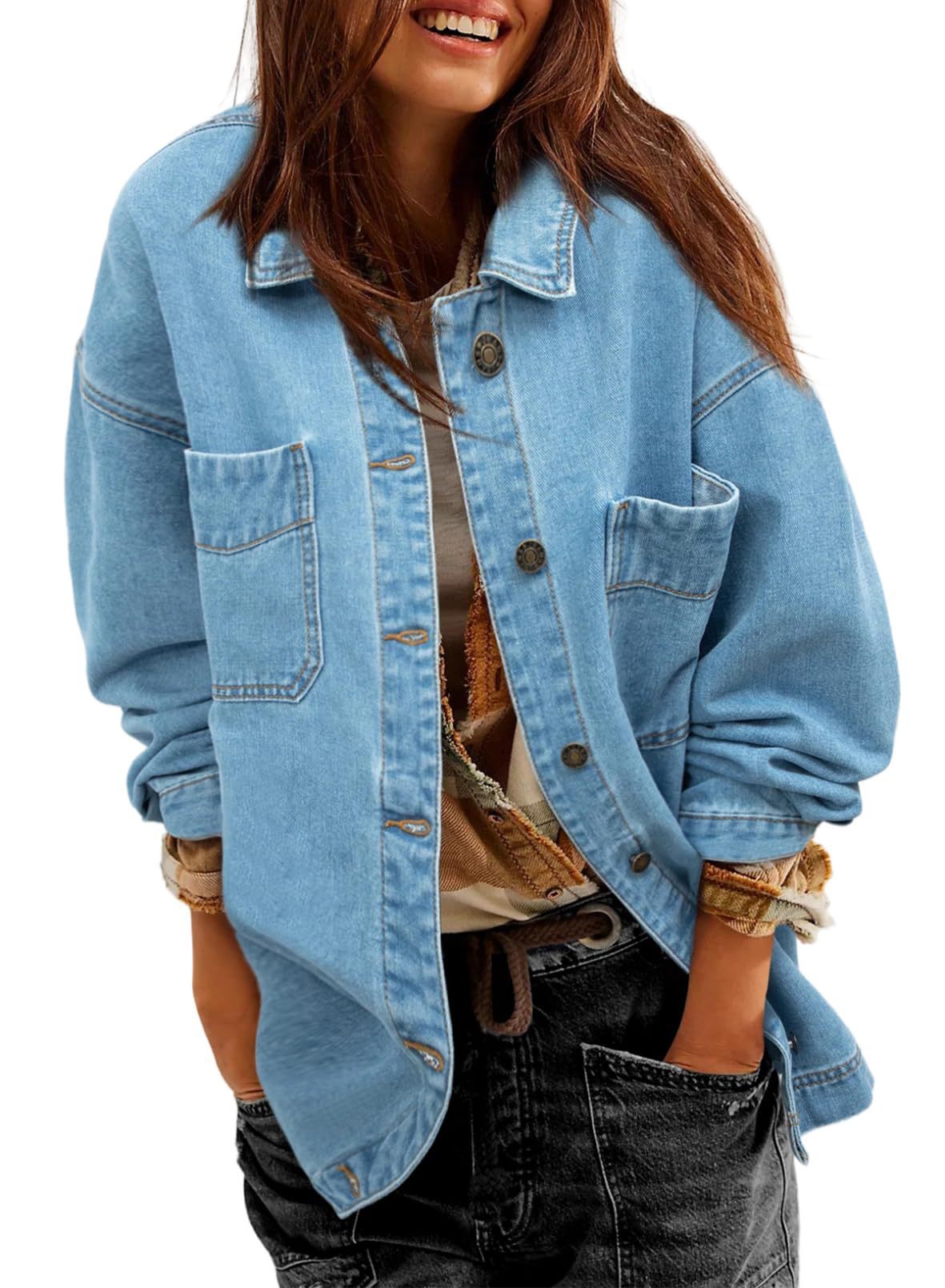 Women's Denim Jacket Large Pocket Button Long Sleeve Split Denim